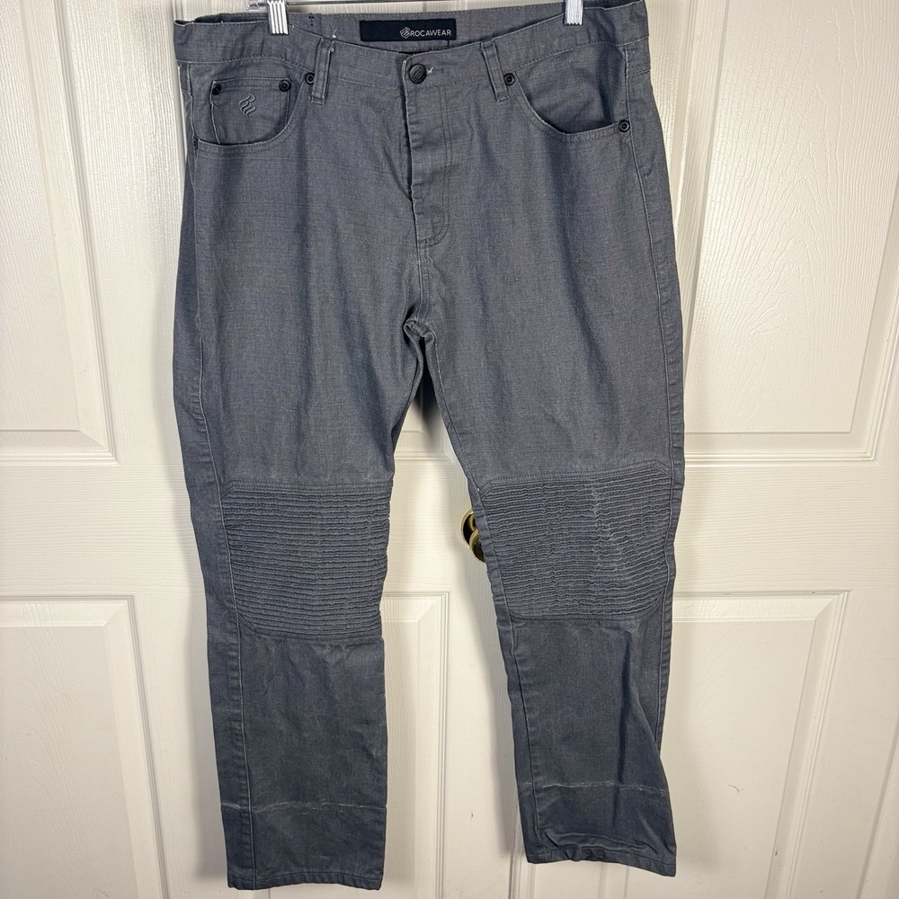 Rocawear Jeans Mens Size 38x34 Gray Stacked Moto Biker Double Knee Baggy Hip Hop